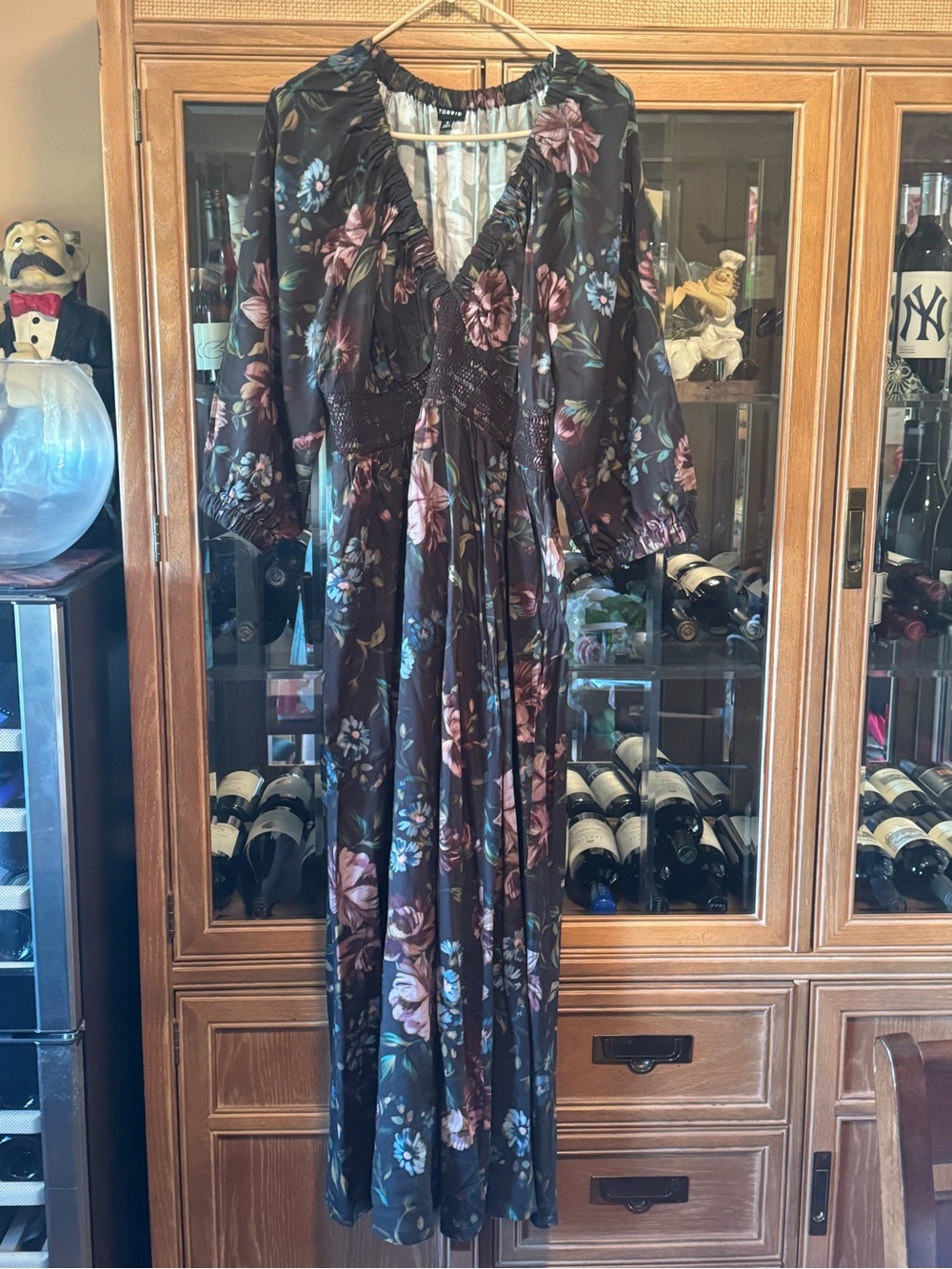 Torrid Floral V-Neck Midi Dress in Dark Brown with Pink & Blue Blooms